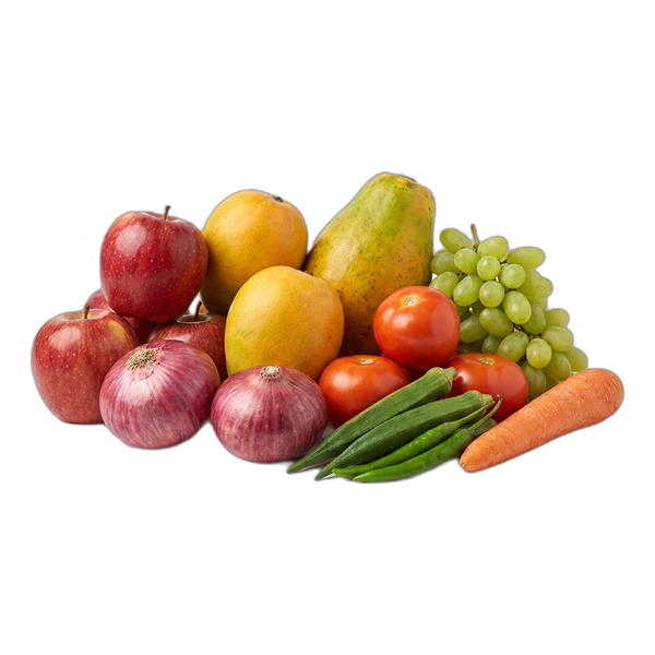 Fresh fruits and vegetables from Dohna Global - apples, mangoes, papaya, grapes, onions, tomatoes, okra and carrots